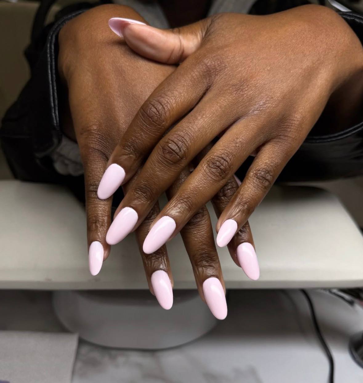Barely-there nude almond gel nails
